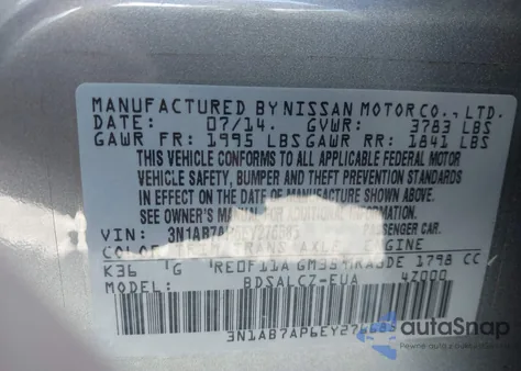 2014 Nissan Sentra S z USA, uszkodzony, nr VIN 3N1AB7AP6EY276685